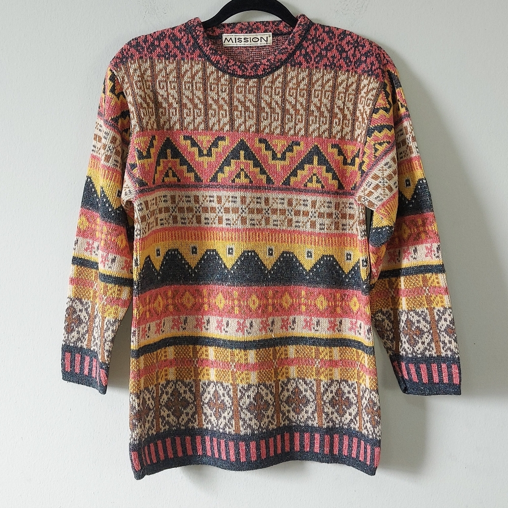 Vtg 80s Mission Unisex Geometric Granny Chic Sweater Small Multicolor Pullover